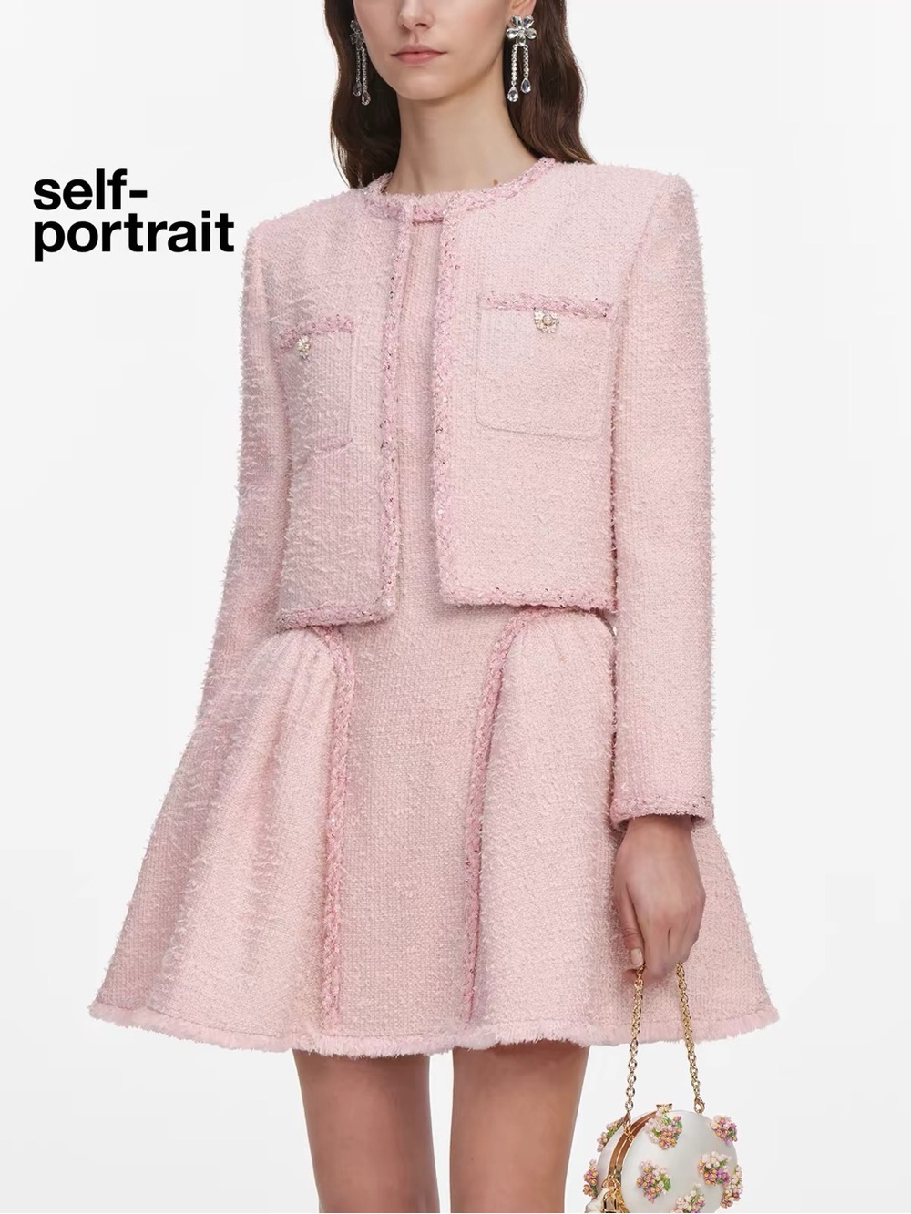 NWOT Self-Portrait Pink Boucle Jacket, Size US 0/2/4/6/8